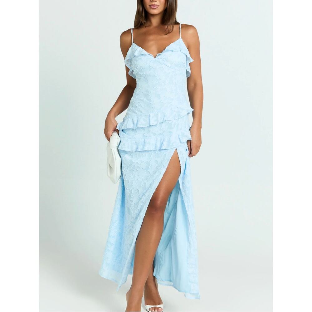 Showpo Formal Maxi Dress Gown Sz 6 Braelyn Wedding Guest Floral Strappy Blue